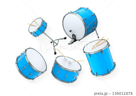 Set of drums and drumset with metal cymbals on white background Set of drums and drumset with metal cymbals on white background 136012878