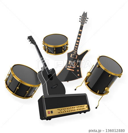 Set of electric acoustic guitars and drums with cymbals on white background Set of electric acoustic guitars and drums with cymbals on white background 136012880
