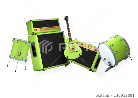 Set of electric acoustic guitars and drums with cymbals on white background 136012881