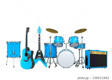 Set of electric acoustic guitars and drums with cymbals on white background Set of electric acoustic guitars and drums with cymbals on white background 136012882