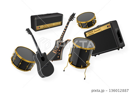 Set of electric acoustic guitars and drums with cymbals on white background 136012887