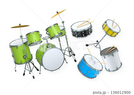 Set of drums and drumset with metal cymbals on white background 136012900