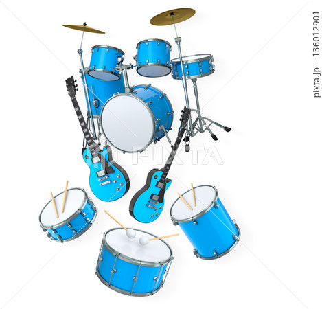 Set of electric acoustic guitars and drums with cymbals on white background Set of electric acoustic guitars and drums with cymbals on white background 136012901