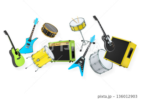 Set of electric acoustic guitars and drums with cymbals on white background 136012903