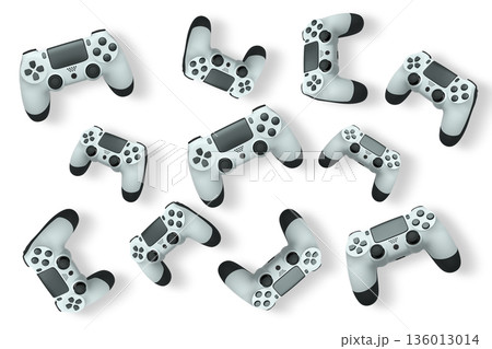 Wireless gaming controllers flying in air isolated on white background, symbolizing gaming technology concept Wireless gaming controllers flying in air isolated on white background, symbolizing gaming technology concept 136013014