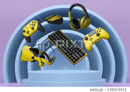 Gaming controllers, keyboard, headset, VR gear, and mouse floating above podium, digital art style, with abstract backdrop Gaming controllers, keyboard, headset, VR gear, and mouse floating above podium, digital art style, with abstract backdrop 136013015