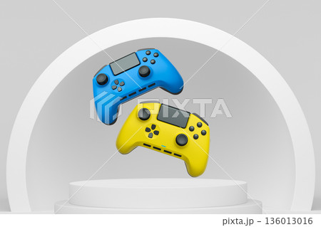 Colorful gaming controllers joystick levitating over podium against abstract background, minimalist concept device on pedestal 136013016