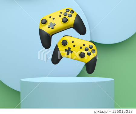 Colorful gaming controllers joystick levitating over podium against abstract background, minimalist concept device on pedestal 136013018