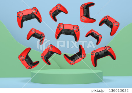 Colorful gaming controllers joystick levitating over podium against abstract background, minimalist concept device on pedestal 136013022