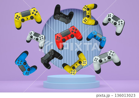 Colorful gaming controllers joystick levitating over podium against abstract background, minimalist concept device on pedestal Colorful gaming controllers joystick levitating over podium against abstract background, minimalist concept device on pedestal 136013023