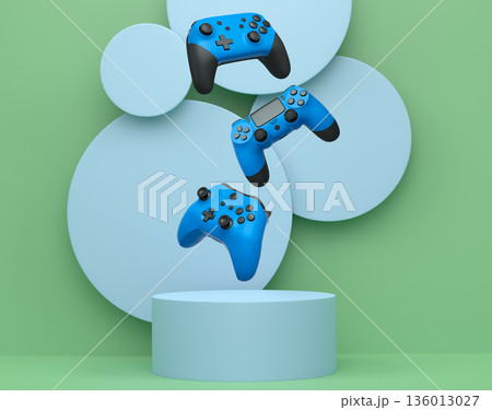 Colorful gaming controllers joystick levitating over podium against abstract background, minimalist concept device on pedestal 136013027