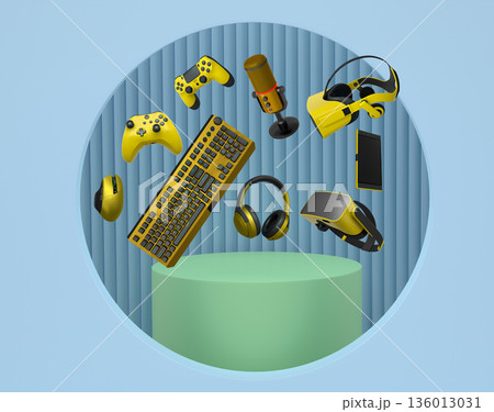 Multiple gaming devices and accessories floating above podium against abstract background, concept of modern gaming tech 136013031