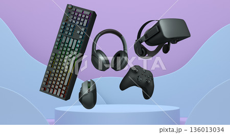 Gaming accessories including keyboard, headset, mouse, controller, and VR headset, shown above podium on abstract background 136013034