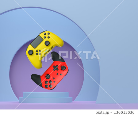 Colorful gaming controllers joystick levitating over podium against abstract background, minimalist concept device on pedestal 136013036