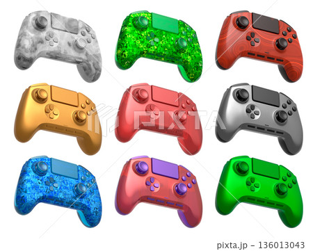 Collection of gaming controllers isolated on white background with clipping path Collection of gaming controllers isolated on white background with clipping path 136013043