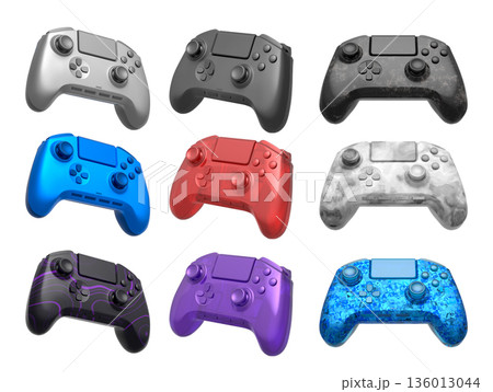 Collection of gaming controllers isolated on white background with clipping path 136013044