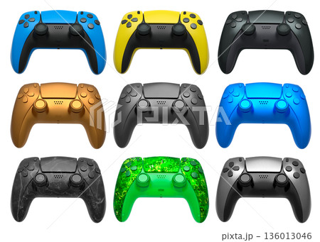 Collection of gaming controllers isolated on white background with clipping path 136013046