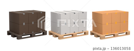 Set of wooden pallet for warehouse cargo storage with cardboard boxes on white Set of wooden pallet for warehouse cargo storage with cardboard boxes on white 136013058