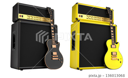 Set of amplifier with acoustic guitar isolated on white background. Set of amplifier with acoustic guitar isolated on white background. 136013068