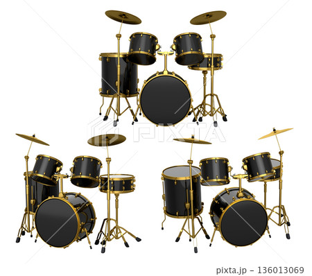 Set of realistic drums with metal cymbals or drumset on white background 136013069