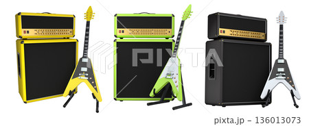 Set of amplifier with acoustic guitar isolated on white background. 136013073