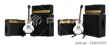 Set of amplifier with acoustic guitar isolated on white background. Set of amplifier with acoustic guitar isolated on white background. 136013074