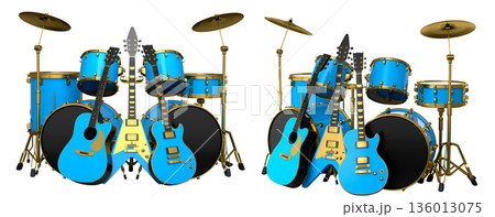 Set of realistic drums with metal cymbals on stand and acoustic guitars on white Set of realistic drums with metal cymbals on stand and acoustic guitars on white 136013075