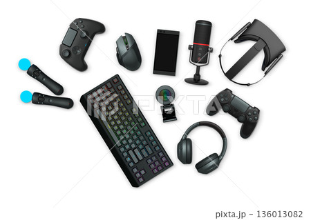 Gaming gear assortment with controllers, keyboard, headset, mouse, and mic isolated on white background with clipping path Gaming gear assortment with controllers, keyboard, headset, mouse, and mic isolated on white background with clipping path 136013082