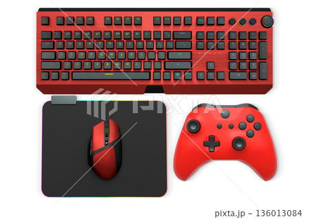 Gaming mouse, controller, RGB keyboard and headphones displayed in flat lay style isolated on white background with clipping path. 136013084