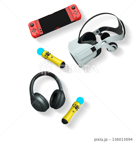 Gaming console, VR headset, wireless headphones, and motion controllers isolated on white background with clipping path Gaming console, VR headset, wireless headphones, and motion controllers isolated on white background with clipping path 136013094