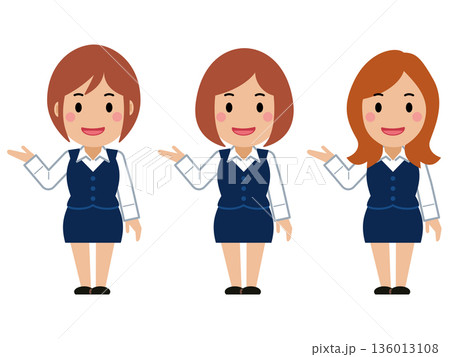 こちらへと笑顔。ネイビー事務服の若い女性 136013108