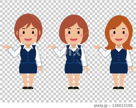 こちらへと笑顔。ネイビー事務服の若い女性 136013108