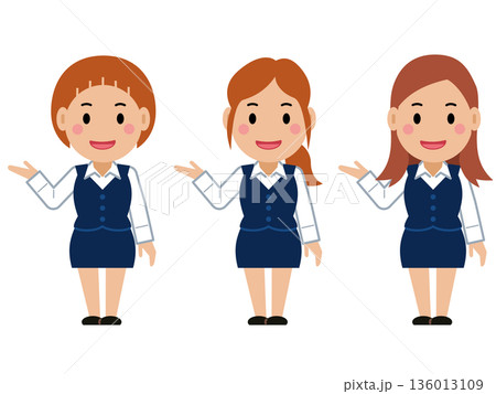 こちらへと笑顔。ネイビー事務服の若い女性。その2 こちらへと笑顔。ネイビー事務服の若い女性。その2 136013109
