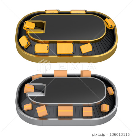 Set of Airport luggage conveyor belt or baggage claim area with suitcases on white. 136013116