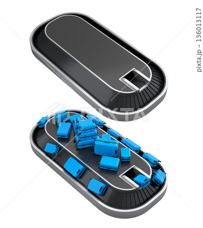 Set of Airport luggage conveyor belt or baggage claim area with suitcases on white. 136013117