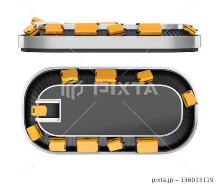 Set of Airport luggage conveyor belt or baggage claim area with suitcases on white. 136013119