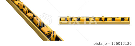 Set of Airport luggage conveyor belt or baggage claim area with suitcases on white. 136013126