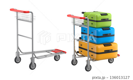 Set of Regular suitcase on hotel trolley cart for carrying baggage on white background 136013127