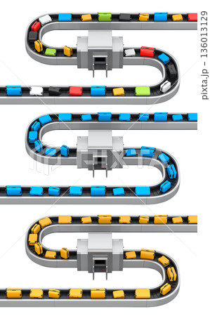 Set of Airport luggage conveyor belt or baggage claim area with suitcases on white. 136013129