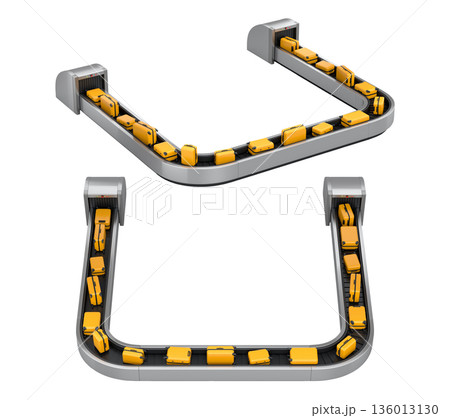 Set of Airport luggage conveyor belt or baggage claim area with suitcases on white. 136013130