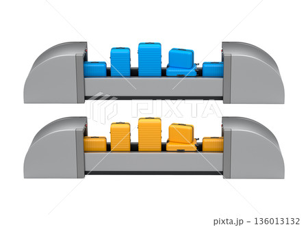 Set of Airport luggage conveyor belt or baggage claim area with suitcases on white. 136013132