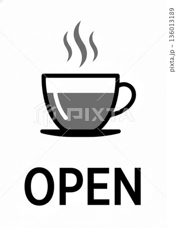 Coffee Cup with Steam and OPEN Text Icon. Cafe Business Open Sign Vector Illustration Isolated on White. 136013189