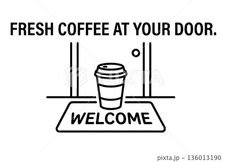 Doorstep Coffee Delivery Concept Illustration. Takeaway Cup on Welcome Mat in Front of Door Line Art. 136013190