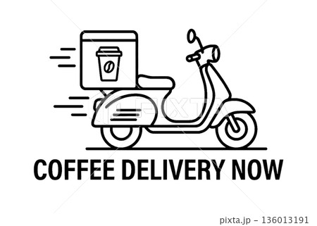 Fast Coffee Delivery Scooter Line Art Illustration. Motor Moped with Delivery Box and Text Isolated on White. Fast Coffee Delivery Scooter Line Art Illustration. Motor Moped with Delivery Box and Text Isolated on White. 136013191