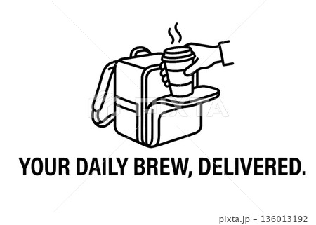 Food Delivery Backpack with Hand Holding Hot Coffee Cup. Courier Service Line Art Vector Illustration with Text. 136013192