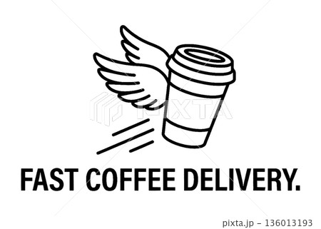 Flying Takeaway Coffee Cup with Wings and Fast Delivery Text. Fast Service Concept Line Art Vector Illustration. 136013193