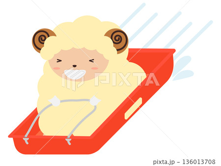 そり滑りで雪山を駆け下りる羊のキャラクター 勢いのある冬のレジャーイラスト そり滑りで雪山を駆け下りる羊のキャラクター 勢いのある冬のレジャーイラスト 136013708