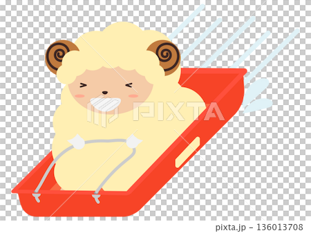 そり滑りで雪山を駆け下りる羊のキャラクター 勢いのある冬のレジャーイラスト そり滑りで雪山を駆け下りる羊のキャラクター 勢いのある冬のレジャーイラスト 136013708