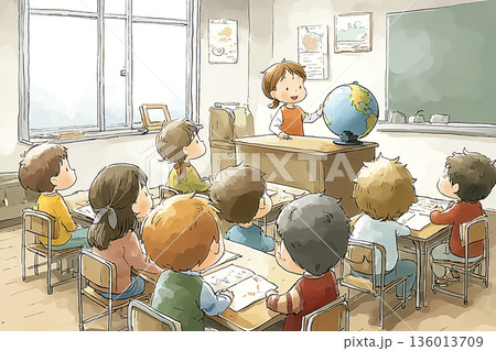 地球儀で学ぶ社会科の授業｜教室で学習する子どもたちのイラスト 136013709