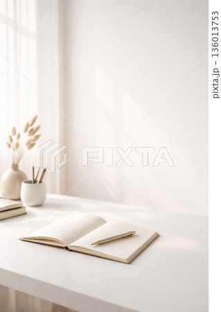 朝の光と希望を感じる白いノートのミニマルデスク・イラスト背景 136013753